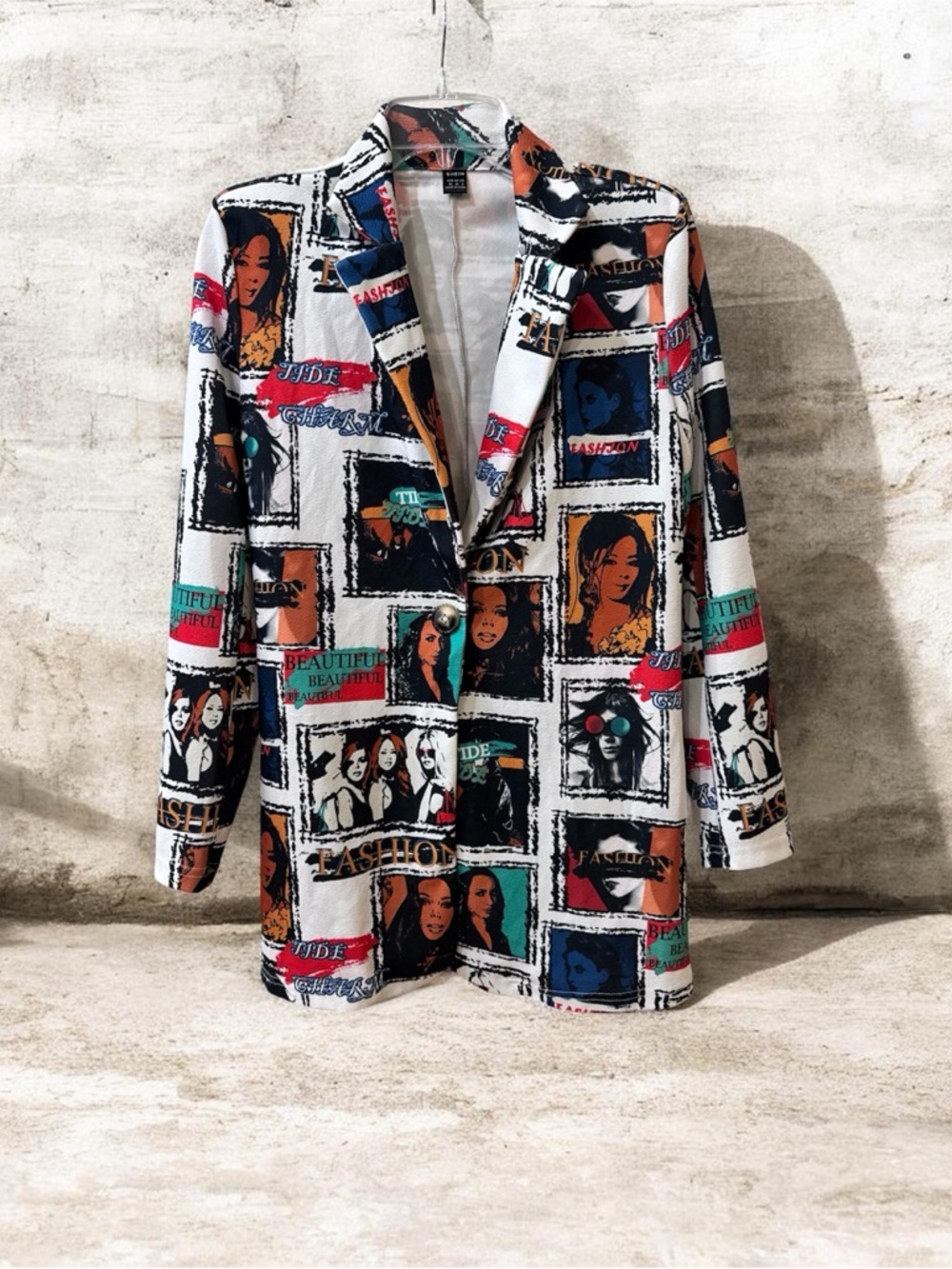 SHEIN Graphic Pop-Art Blazer Jacket - White, Black, Red, Orange, Teal
